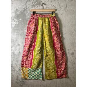 Reversible Patchwork Quilted Pants Boho Wide Leg Floral Paisley Elastic Waist SM